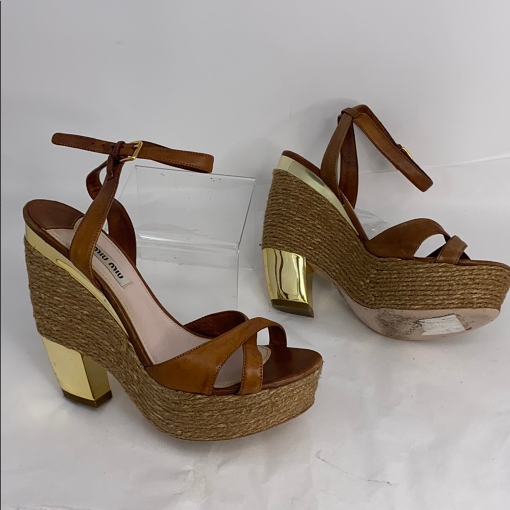 MIU MIU Prada Sz 38 Leather Espadrille Heel Wedges - Picture 3 of 16